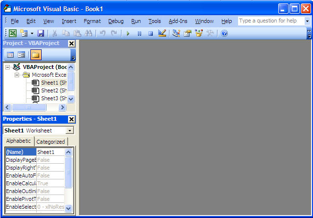 Properties Window in the Visual BBasic Editor for Excel