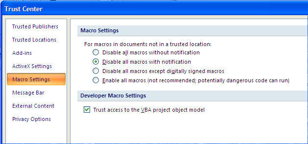 VBA security setting 2007