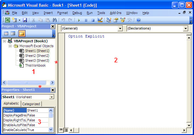 Three windows in the Visual Basic Editor for Excel
