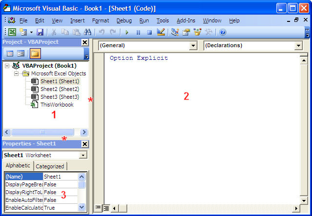 Ba cửa sổ trong trình soạn thảo Visual Basic cho Excel