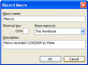 VBA for Excel record macros window